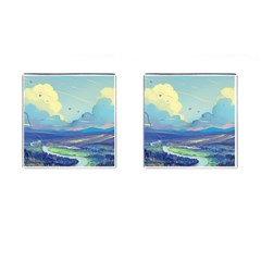 Mountains And Trees Illustration Painting Clouds Sky Landscape Cufflinks (square) by Cendanart