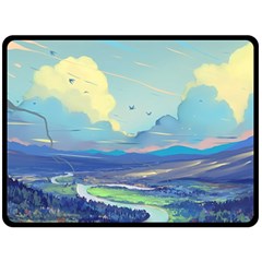 Mountains And Trees Illustration Painting Clouds Sky Landscape Fleece Blanket (large) by Cendanart
