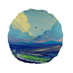 Mountains And Trees Illustration Painting Clouds Sky Landscape Standard 15  Premium Round Cushions by Cendanart
