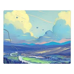 Mountains And Trees Illustration Painting Clouds Sky Landscape Premium Plush Fleece Blanket (large) by Cendanart