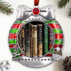 Assorted Color Books Old Macro Metal X mas Ribbon With Red Crystal Round Ornament by Cendanart
