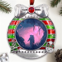 Beeple Astronaut Spacesuit 3d Digital Art Artwork Jungle Metal X mas Ribbon With Red Crystal Round Ornament by Cendanart