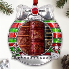Books Old Metal X mas Ribbon With Red Crystal Round Ornament by Cendanart