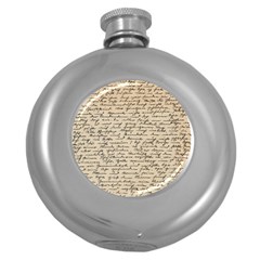 Close Up Photo Of Black Text Old Handwriting Leave Old Script Round Hip Flask (5 Oz) by Cendanart