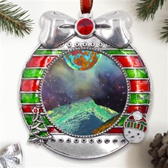 Psychedelic Universe Color Moon Planet Space Metal X mas Ribbon With Red Crystal Round Ornament by Cendanart