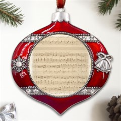 Vintage Beige Music Notes Metal Snowflake And Bell Red Ornament by Cendanart