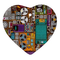 Pattern Design Art Techno  Dj Music Retro Music Device Heart Ornament (two Sides) by Cemarart