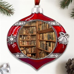 Room Interior Library Books Bookshelves Reading Literature Study Fiction Old Manor Book Nook Reading Metal Snowflake And Bell Red Ornament by Grandong