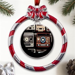 Retro Cameras Old Vintage Antique Technology Wallpaper Retrospective Metal Red Ribbon Round Ornament by Grandong