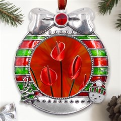 Flowers Red Metal X mas Ribbon With Red Crystal Round Ornament by Askadina