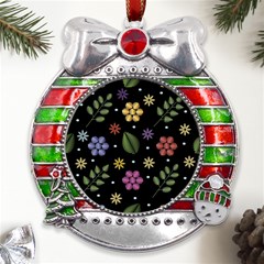Embroidery Seamless Pattern With Flowers Metal X mas Ribbon With Red Crystal Round Ornament by Apen