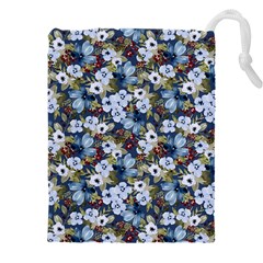 Blue Flowers Dark Blue Flowers Drawstring Pouch (4xl) by DinkovaArt