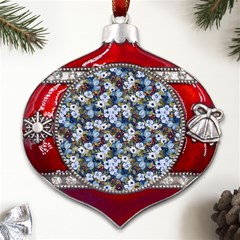 Blue Flowers Dark Blue Flowers Metal Snowflake And Bell Red Ornament by DinkovaArt