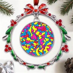 Colorful-graffiti-pattern-blue-background Metal X mas Wreath Ribbon Ornament by designsbymallika