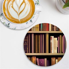 Books Bookshelves Office Fantasy Background Artwork Book Cover Apothecary Book Nook Literature Libra Uv Print Round Tile Coaster by Posterlux