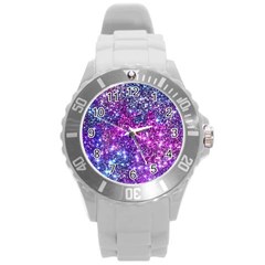 Purple Violet Glitter Galaxy Nebula Space Pattern Round Plastic Sport Watch (l) by Perong