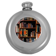 Assorted Title Of Books Piled In The Shelves Assorted Book Lot Inside The Wooden Shelf Round Hip Flask (5 Oz) by Bedest