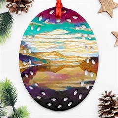 Vibrant Sunset Over Serene Lake Ornament (oval Filigree) by ExtraAwesomeSauce