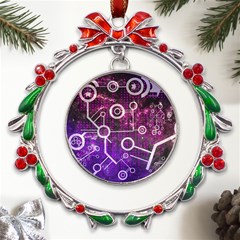 Cosmic Network Geometric Art Metal X mas Wreath Ribbon Ornament by ExtraAwesomeSauce