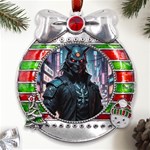 Cyberpunk Demon Samurai Metal X Mas Ribbon With Red Crystal Round Ornament Front