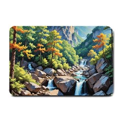 Serene Mountain Waterfall Landscape Small Doormat by ExtraAwesomeSauce