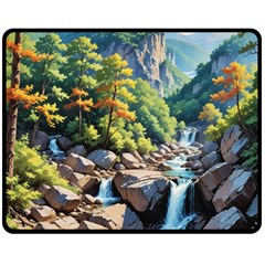 Serene Mountain Waterfall Landscape Two Sides Fleece Blanket (medium) by ExtraAwesomeSauce