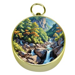 Serene Mountain Waterfall Landscape Gold Compasses by ExtraAwesomeSauce