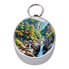 Serene Mountain Waterfall Landscape Mini Silver Compasses by ExtraAwesomeSauce