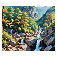 Serene Mountain Waterfall Landscape Two Sides Premium Plush Fleece Blanket (kids Size) by ExtraAwesomeSauce