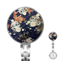 Japanese Wave Koi Illustration Pattern Stainless Steel Nurses Watch by Ndabl3x