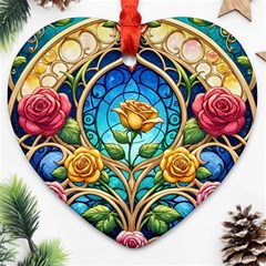 Roses Floral Stained Glass Vibrant Heart Ornament (two Sides) by Grandong