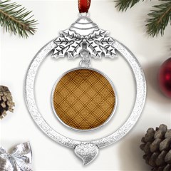 Autumn Fall Plaid Tartan 1 Diagonal Metal Silver X mas Leaves Round Ornament by dressshop