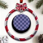 Purple Plaid Tartan 1 Diagonal Metal Red Ribbon Round Ornament Front