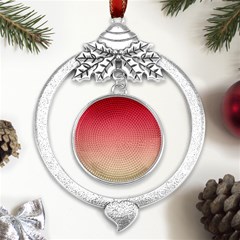 Crimson Red To Cream Yellow Linear Gradient Metal Silver X mas Leaves Round Ornament by GradientsOmbre