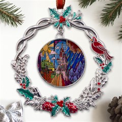 Castle Building Stained Glass Metal X mas Wreath Holly Leaf Ornament by Cemarart