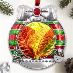 Leaves Plant Pattern Croton Nature Metal X mas Ribbon With Red Crystal Round Ornament by Sabxi