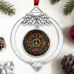 Peace Abstract Pattern Creative Drawing Metal Silver X mas Leaves Round Ornament by Posterlux