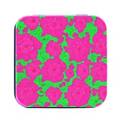 Mid Century Retro Floral 1970s 1960s Pattern 98 Square Metal Box (black) by violetheavensky