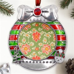 Retro 40s 50s Mexico Flowers Pattern 3 Metal X mas Ribbon With Red Crystal Round Ornament by violetheavensky