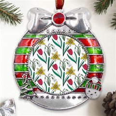 Flowers Bloom Pattern Spring Metal X mas Ribbon With Red Crystal Round Ornament by Tsamara
