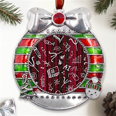 Abstract Pattern Background Metal X mas Ribbon With Red Crystal Round Ornament by Tsamara