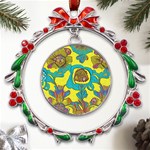 Mid Century Retro Floral 1970s 1960s Pattern 60 Metal X mas Wreath Ribbon Ornament Front