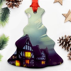 Village Moon Cloudy Historical Tudor Architecture Houses Town Night Windows City Ornament (christmas Tree)  by Posterlux