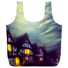 Village Moon Cloudy Historical Tudor Architecture Houses Town Night Windows City Full Print Recycle Bag (xxxl) by Posterlux