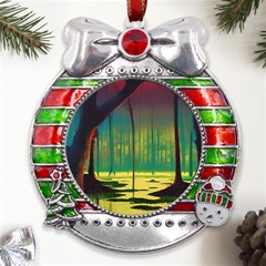 Nature Swamp Water Sunset Spooky Night Reflections Bayou Lake Metal X mas Ribbon With Red Crystal Round Ornament by Posterlux