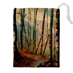 Woodland Woods Forest Trees Nature Outdoors Mist Moon Background Artwork Book Drawstring Pouch (4xl) by Posterlux