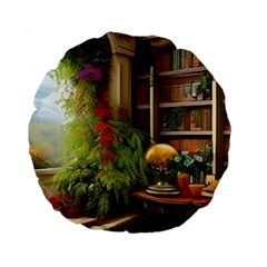 Room Interior Library Books Bookshelves Reading Literature Study Fiction Old Manor Book Nook Reading Standard 15  Premium Round Cushions by Posterlux